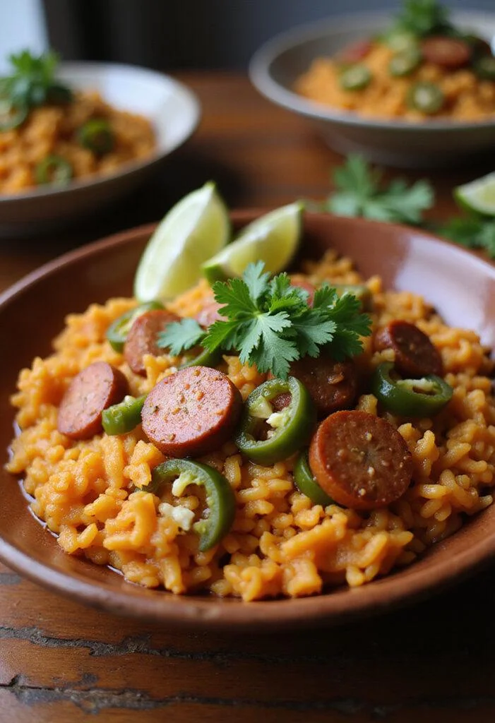 Delicious Arroz con Chorizo y Pimientos served in a bowl, perfect for a family meal.