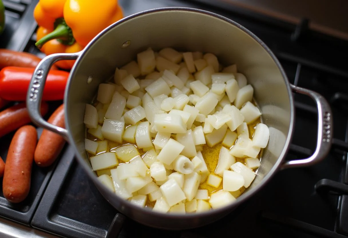 Onions, garlic, and colorful bell peppers being sautéed for Arroz con Chorizo y Pimientos.