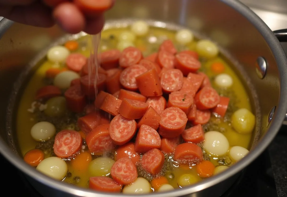 Chorizo sausage being mixed with sautéed vegetables for Arroz con Chorizo y Pimientos preparation.