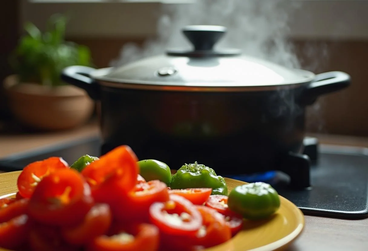 Pot covered and simmering with ingredients for Arroz con Chorizo y Pimientos cooking on the stovetop.