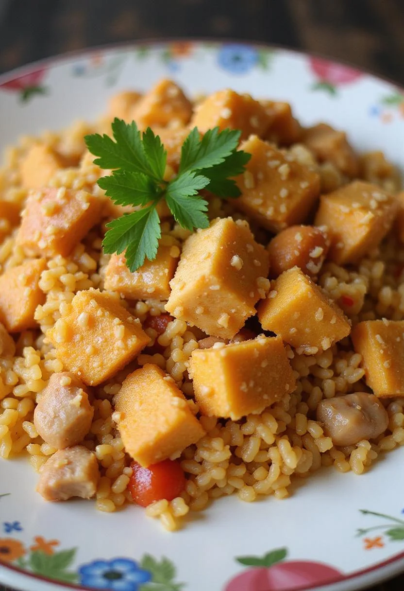 Delicious Arroz con Pollo y Azafrán served on a plate, perfect for a hearty meal.