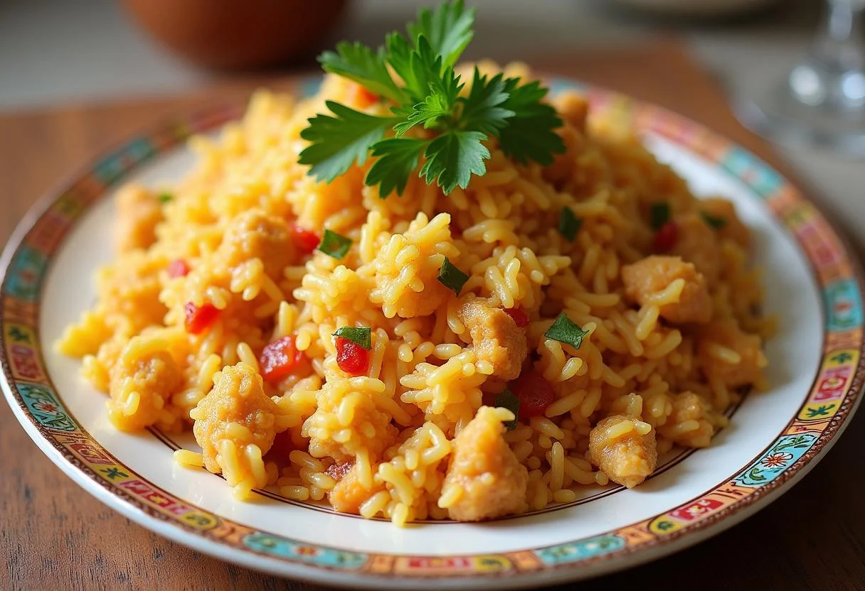 Delicioso Arroz con Pollo y Azafrán servido en un plato, perfecto para una comida completa.