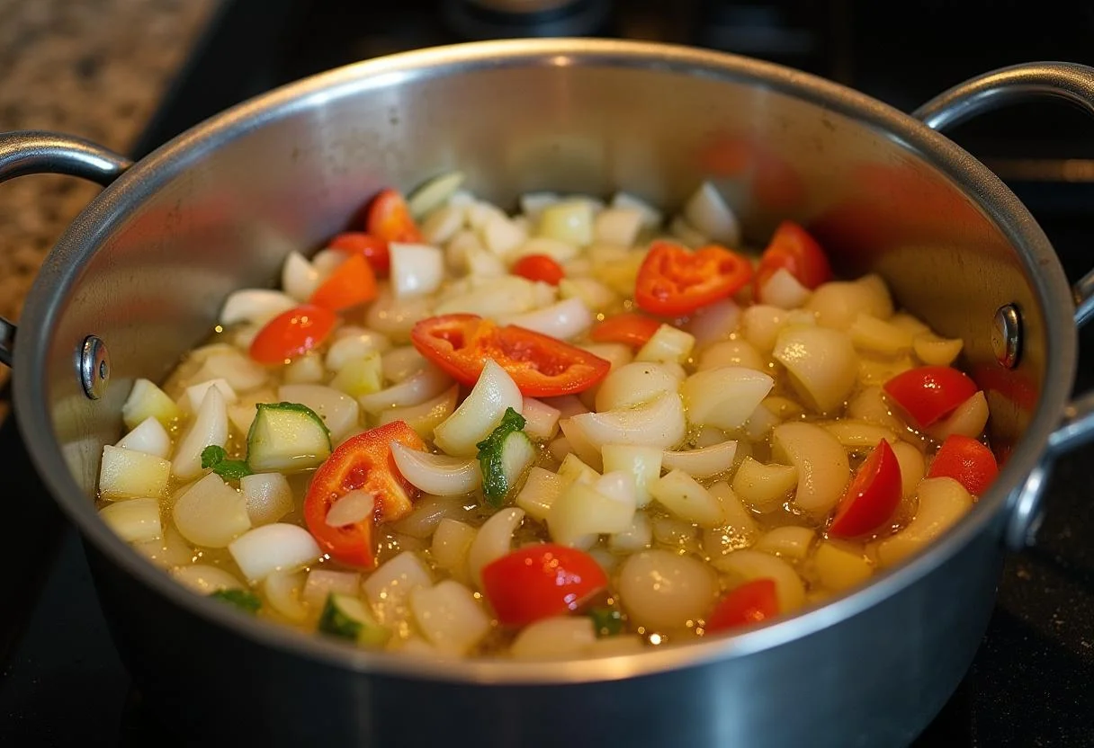 Cebolla, ajo y pimientos rojos salteados para el Arroz con Pollo y Azafrán.