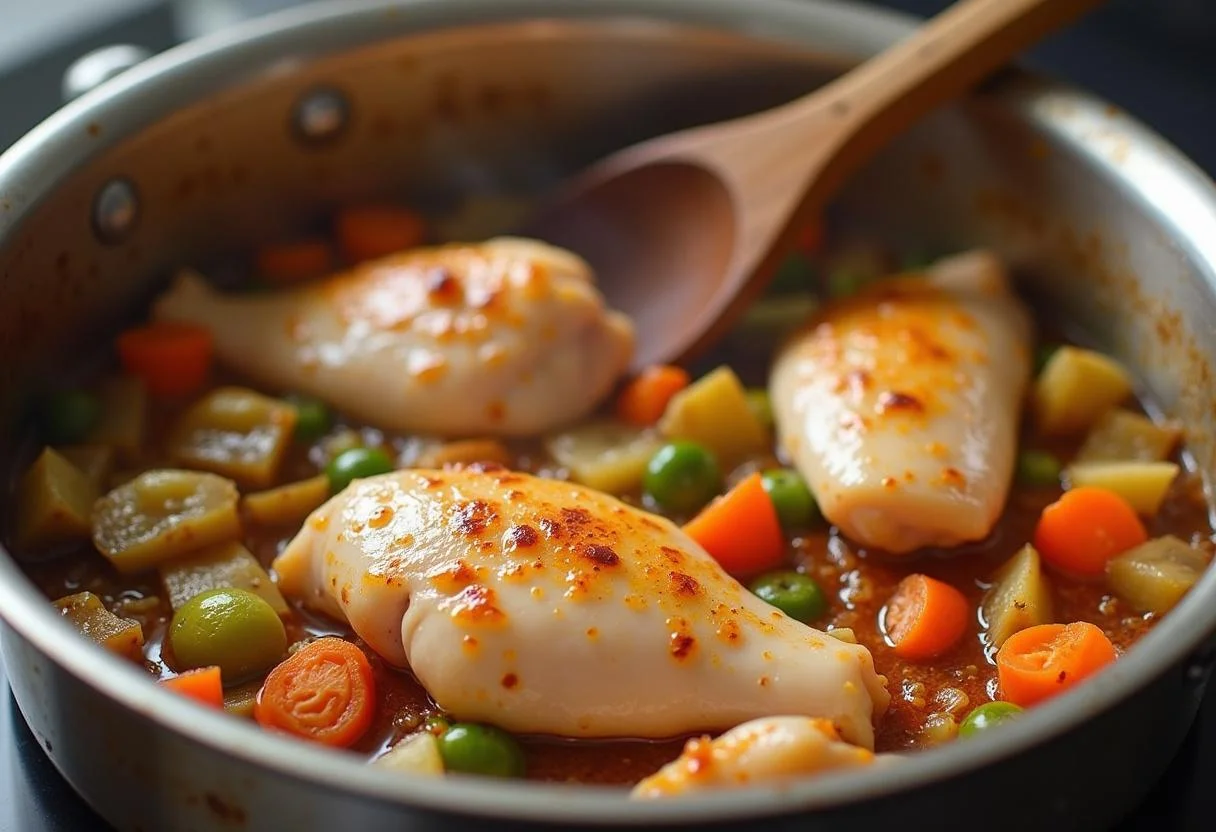 Trozos de pollo dorándose con las verduras para la receta de Arroz con Pollo y Azafrán.