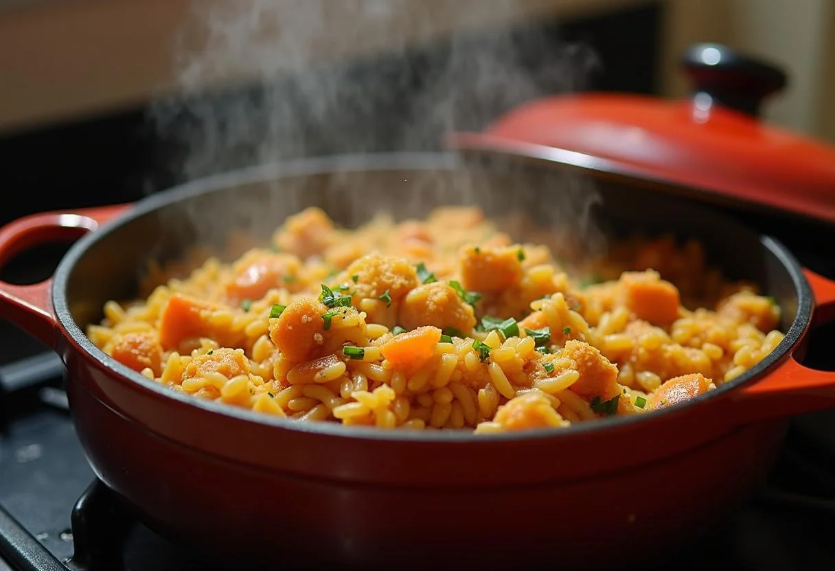 Cazuela de Arroz con Pollo y Azafrán cocinándose a fuego lento.