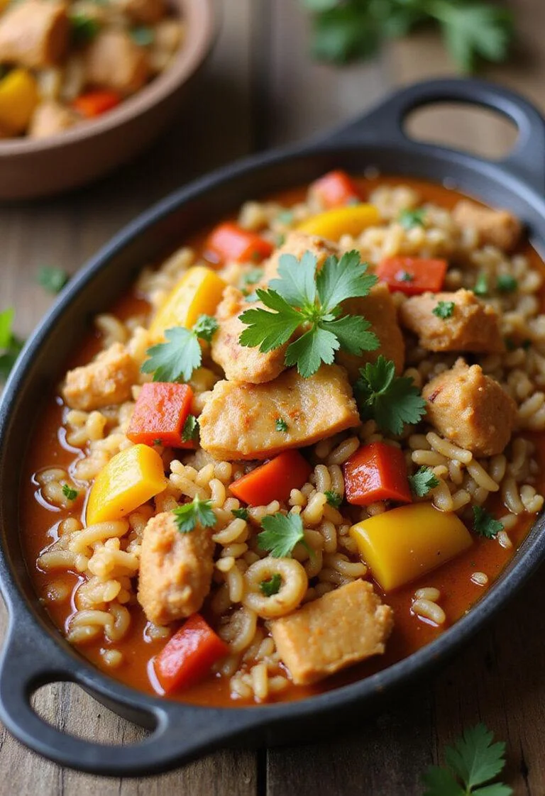 Delicious Arroz con Pollo y Champiñones garnished with parsley, ready to be served.