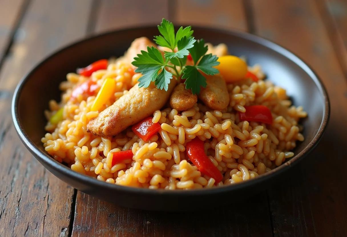 Delicioso Arroz con Pollo y Champiñones adornado con perejil, listo para servir.
