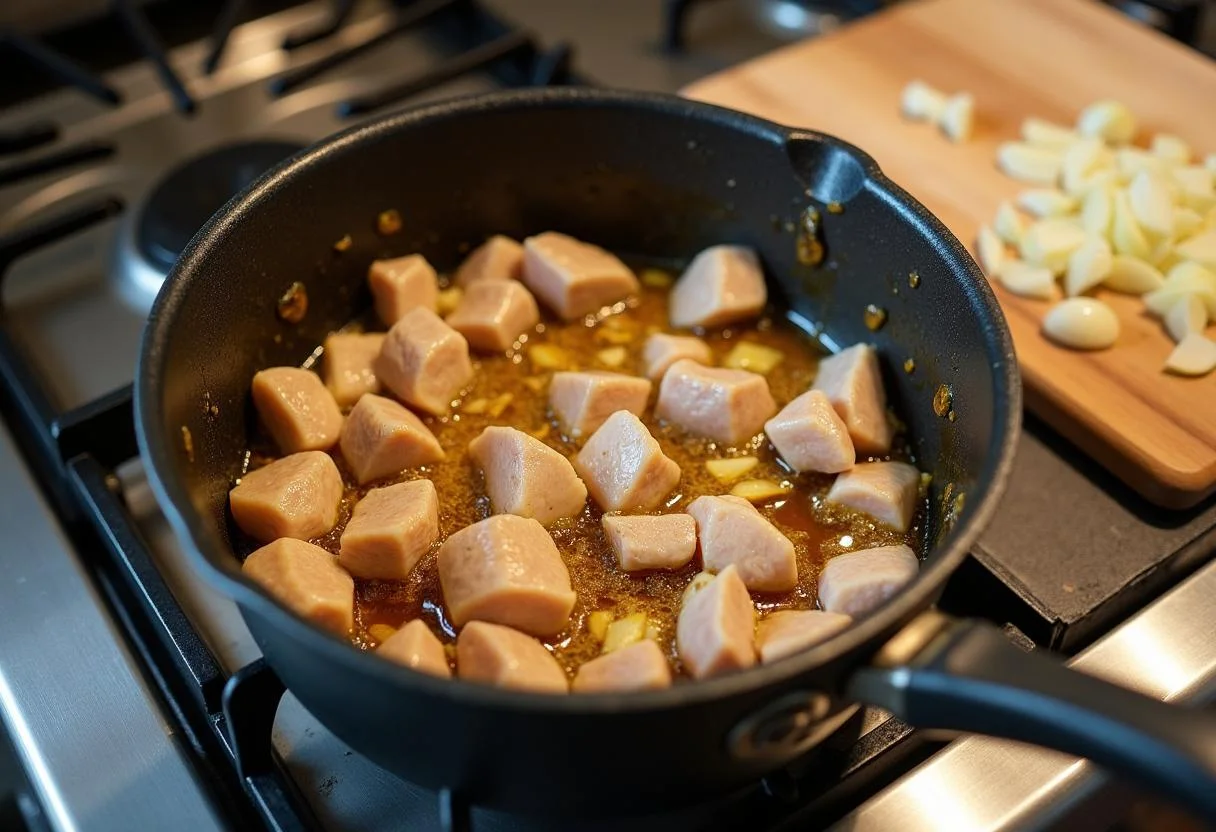 Pollo en cubos cocinándose a fuego lento con especias y cebollas sofritas para el Arroz con Pollo y Champiñones.