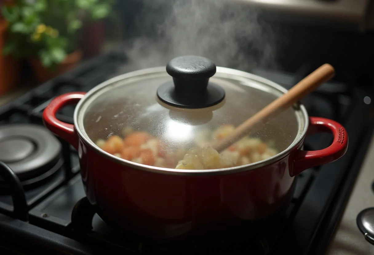 Olla de cocción cubierta con una tapa para Arroz con Pollo y Champiñones, permitiendo que los sabores se mezclen.