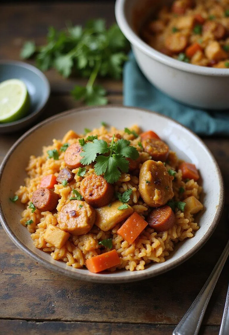 Delicious Arroz con Pollo y Chorizo served with cilantro and lime, perfect for a family meal.