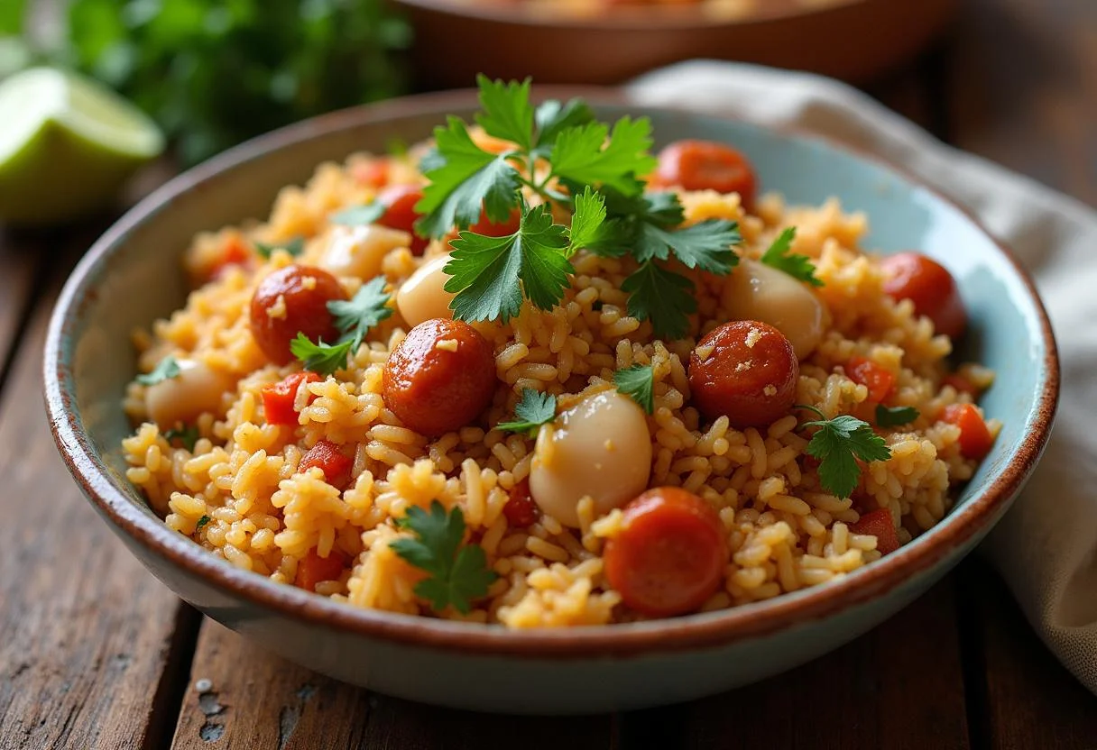 Delicioso Arroz con Pollo y Chorizo servido con cilantro y lima, perfecto para una comida familiar.