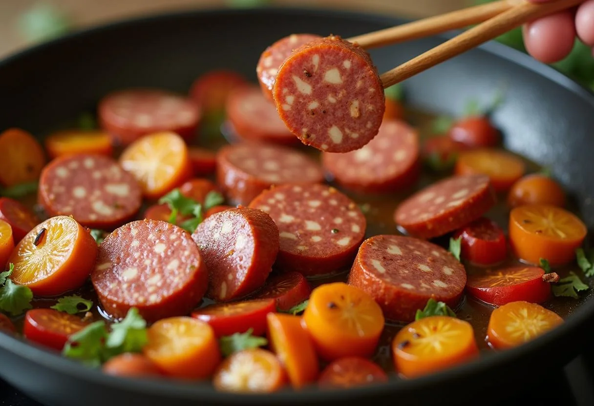 Chorizo siendo añadido a la sartén con verduras sofritas para Arroz con Pollo y Chorizo.