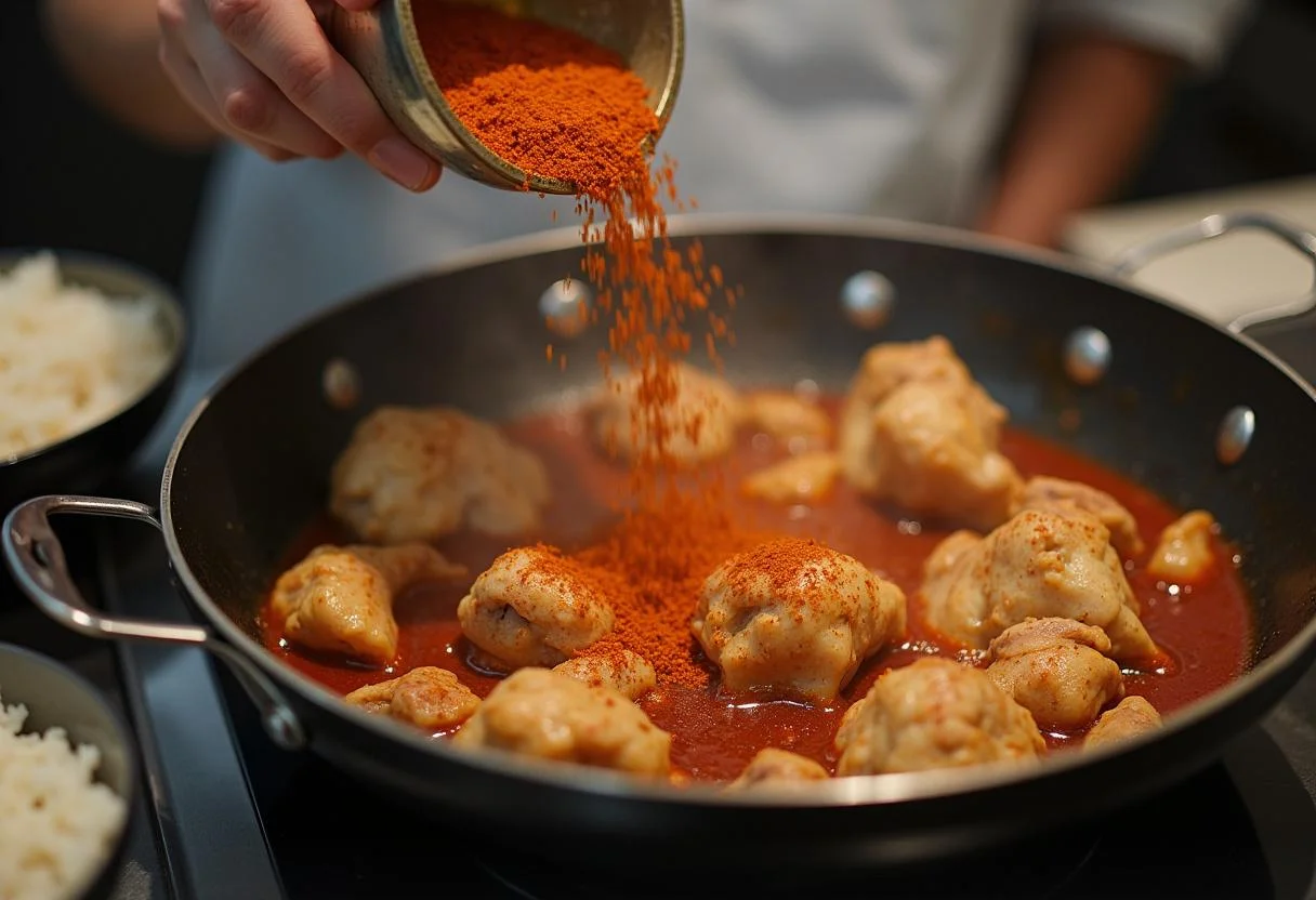 Añadiendo trozos de pollo sazonados a la sartén para Arroz con Pollo y Chorizo.