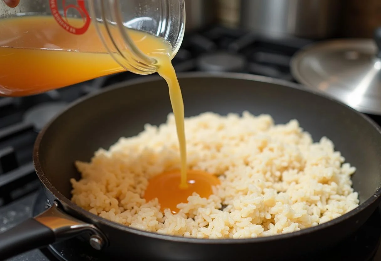 Viertiendo caldo de pollo y añadiendo arroz para la preparación del plato Arroz con Pollo y Chorizo.