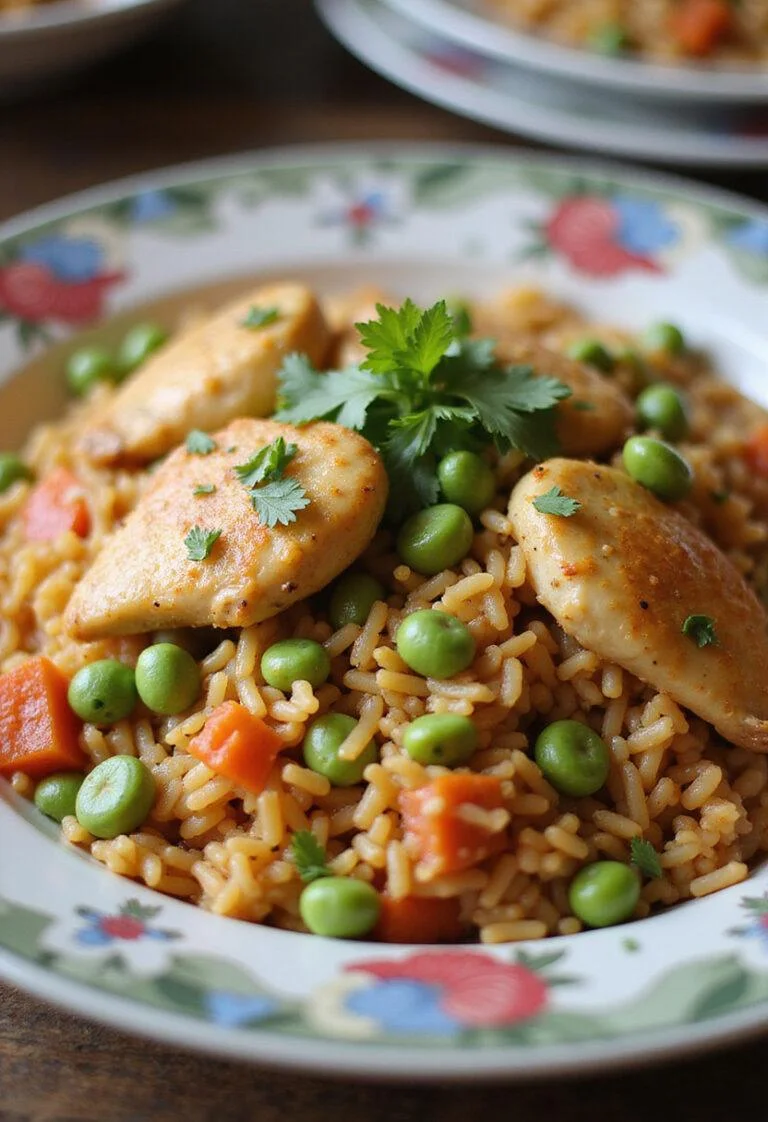 Finished Arroz con Pollo y Guisantes plated with herbs and vibrant colors.
