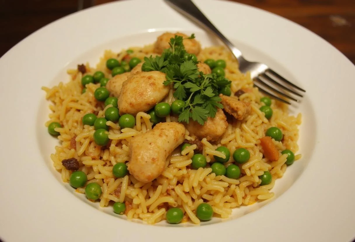 Arroz con Pollo y Guisantes terminado, servido con hierbas y colores vibrantes.