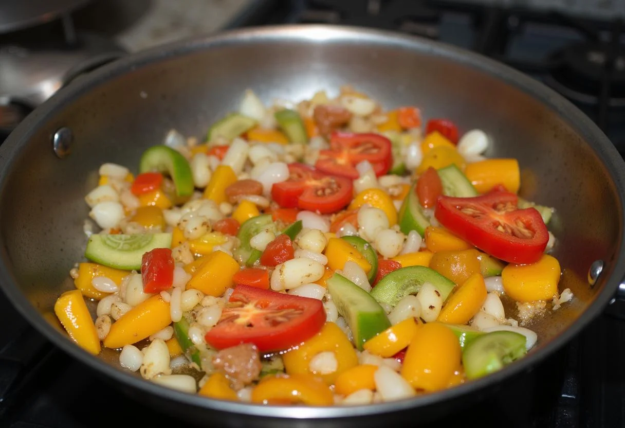 Salteando cebolla, ajo y pimientos para el Arroz con Pollo y Guisantes.