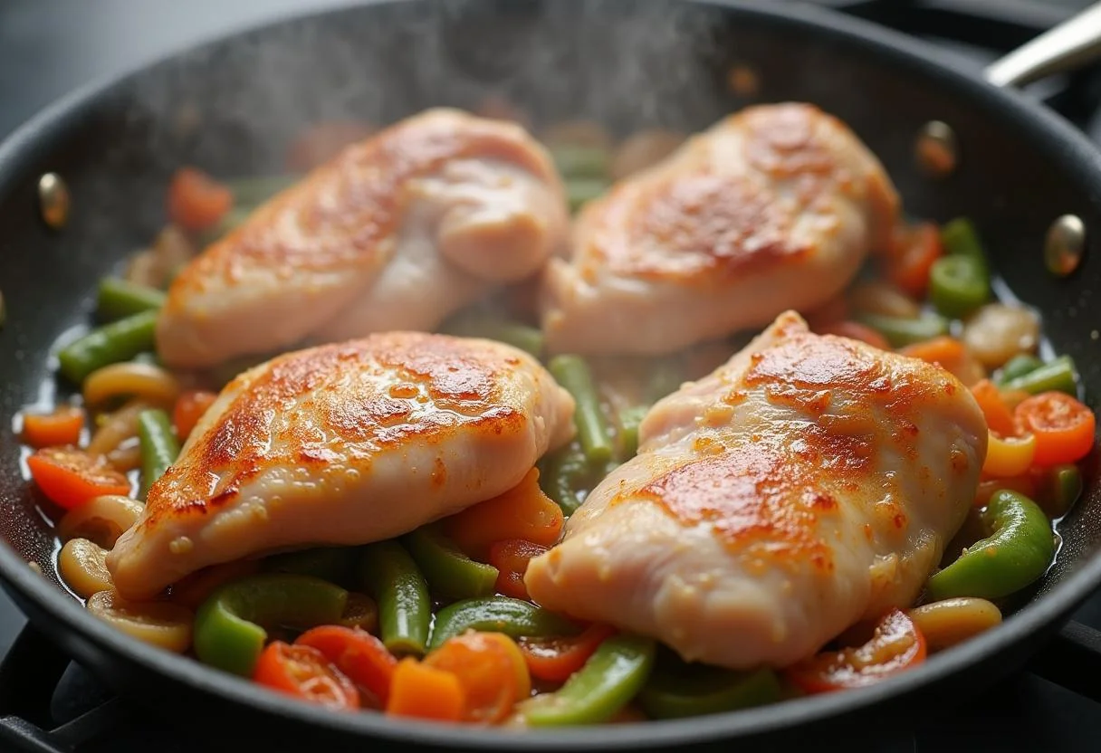 Dorando trozos de pollo en una sartén para el plato de Arroz con Pollo y Guisantes.