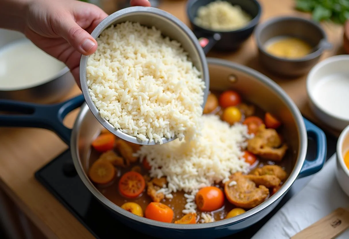 Añadiendo arroz a la sartén para la preparación del Arroz con Pollo y Guisantes.