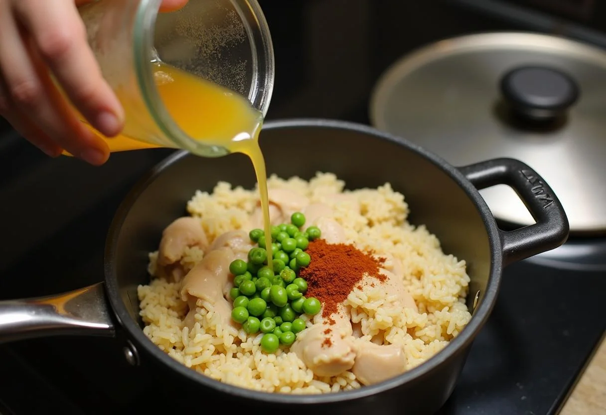 Añadiendo caldo y guisantes al Arroz con Pollo y Guisantes en la olla.