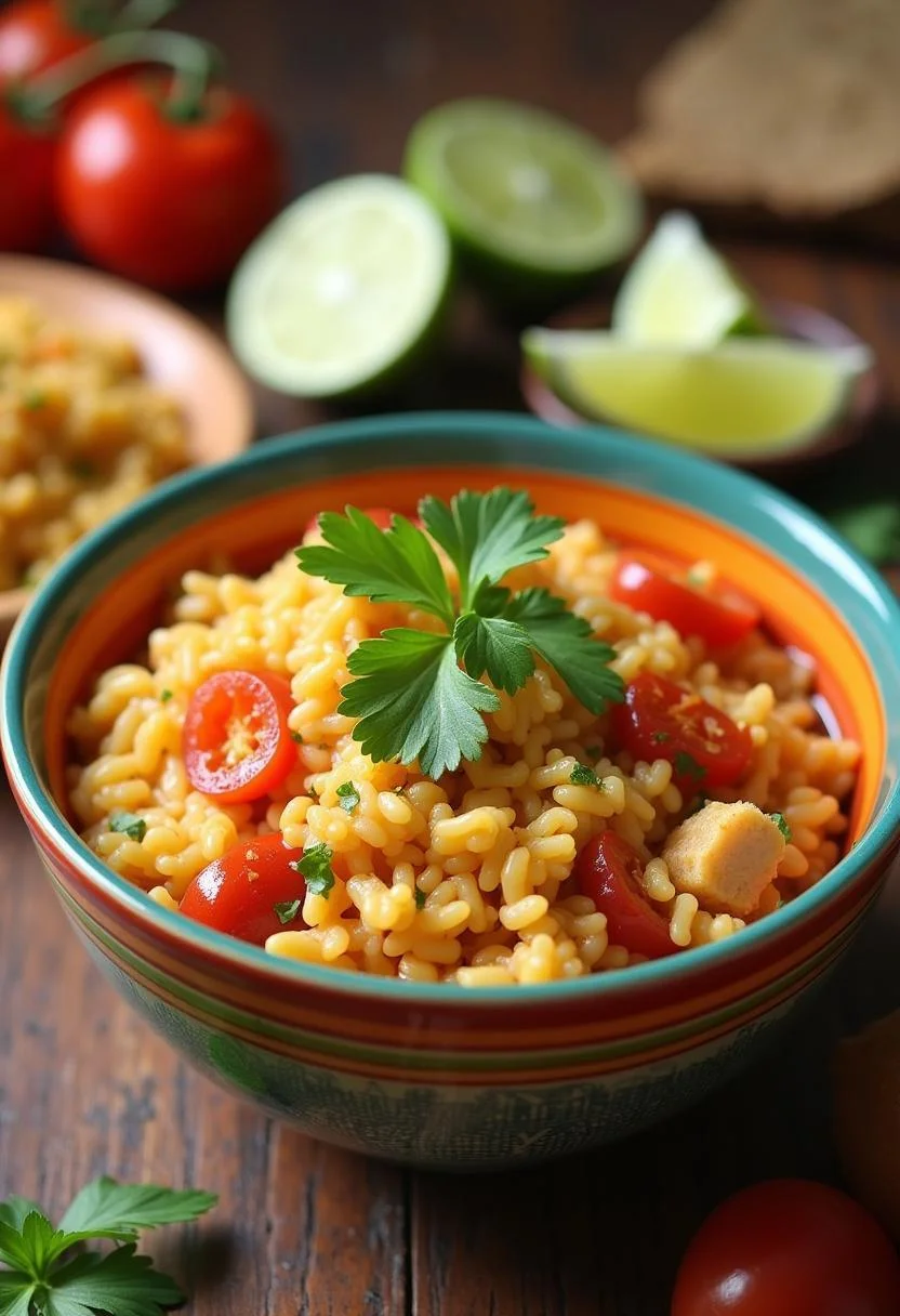 Delicious Arroz con Pollo y Pimientos served with garnishes, perfect for a family meal.
