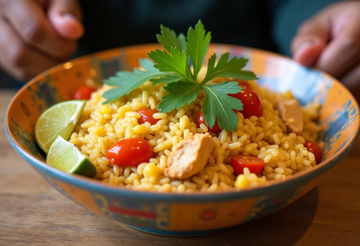 Delicioso Arroz con Pollo y Pimientos servido con adornos, perfecto para una comida familiar.