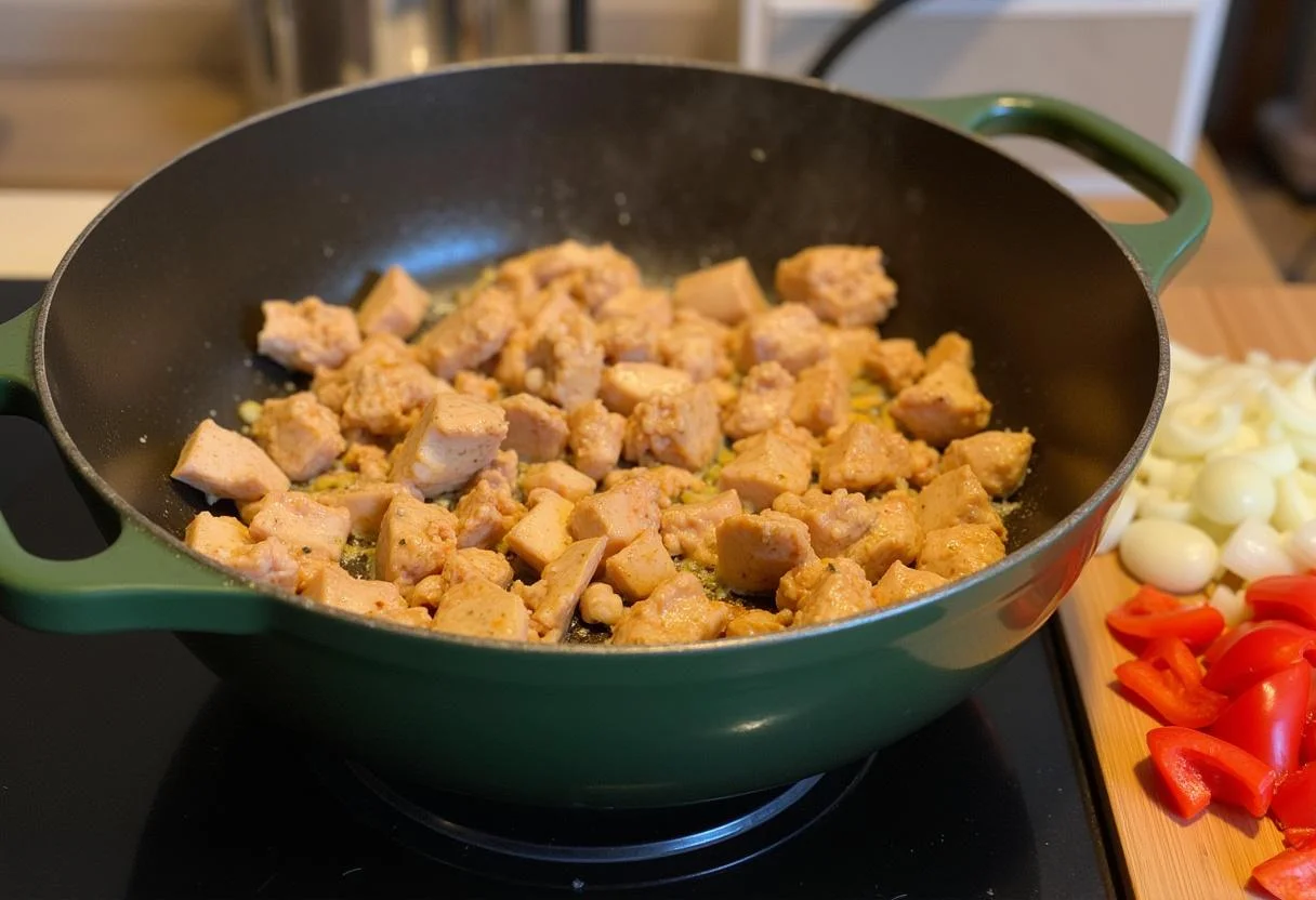 Sofriendo trozos de pollo para Arroz con Pollo y Pimientos con pimientos y cebollas listos para agregar.