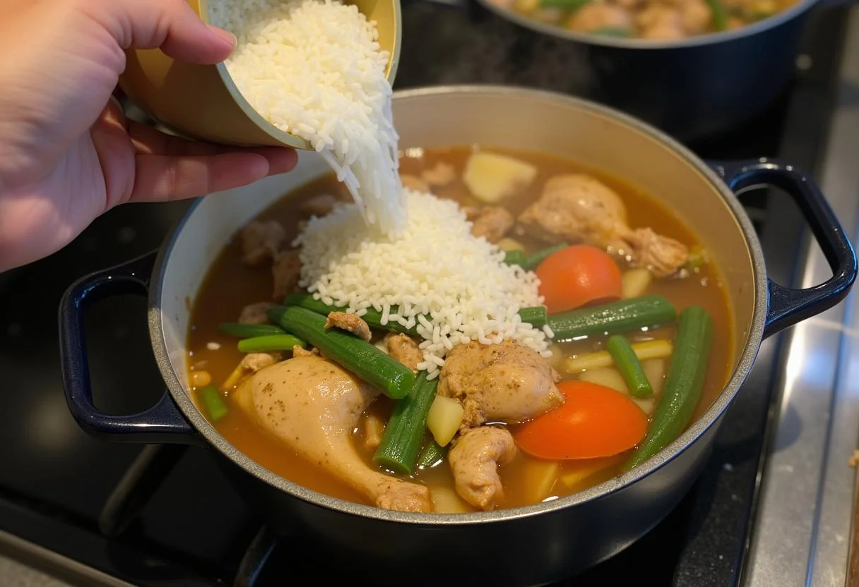 Incorporando arroz a la mezcla de pollo y pimientos para Arroz con Pollo y Pimientos.
