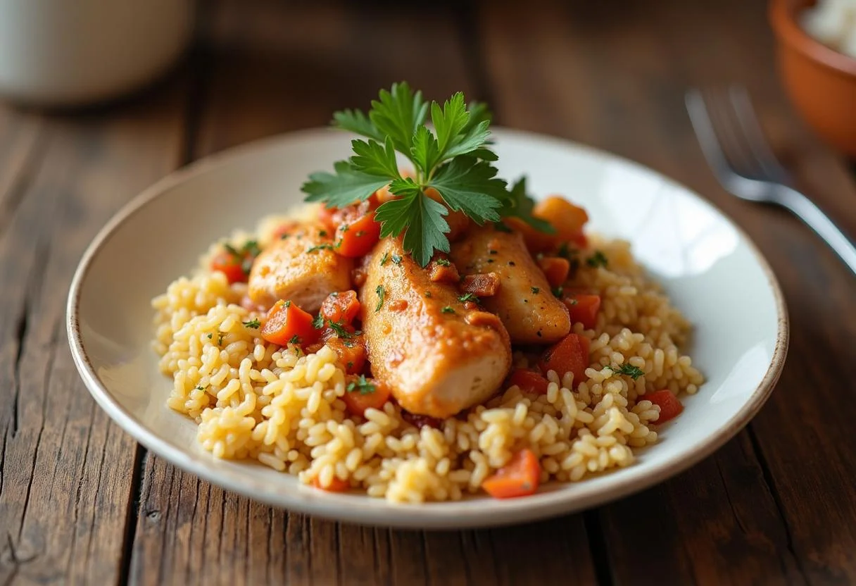 Plato final de Arroz con Pollo y Setas, decorado y listo para servir.