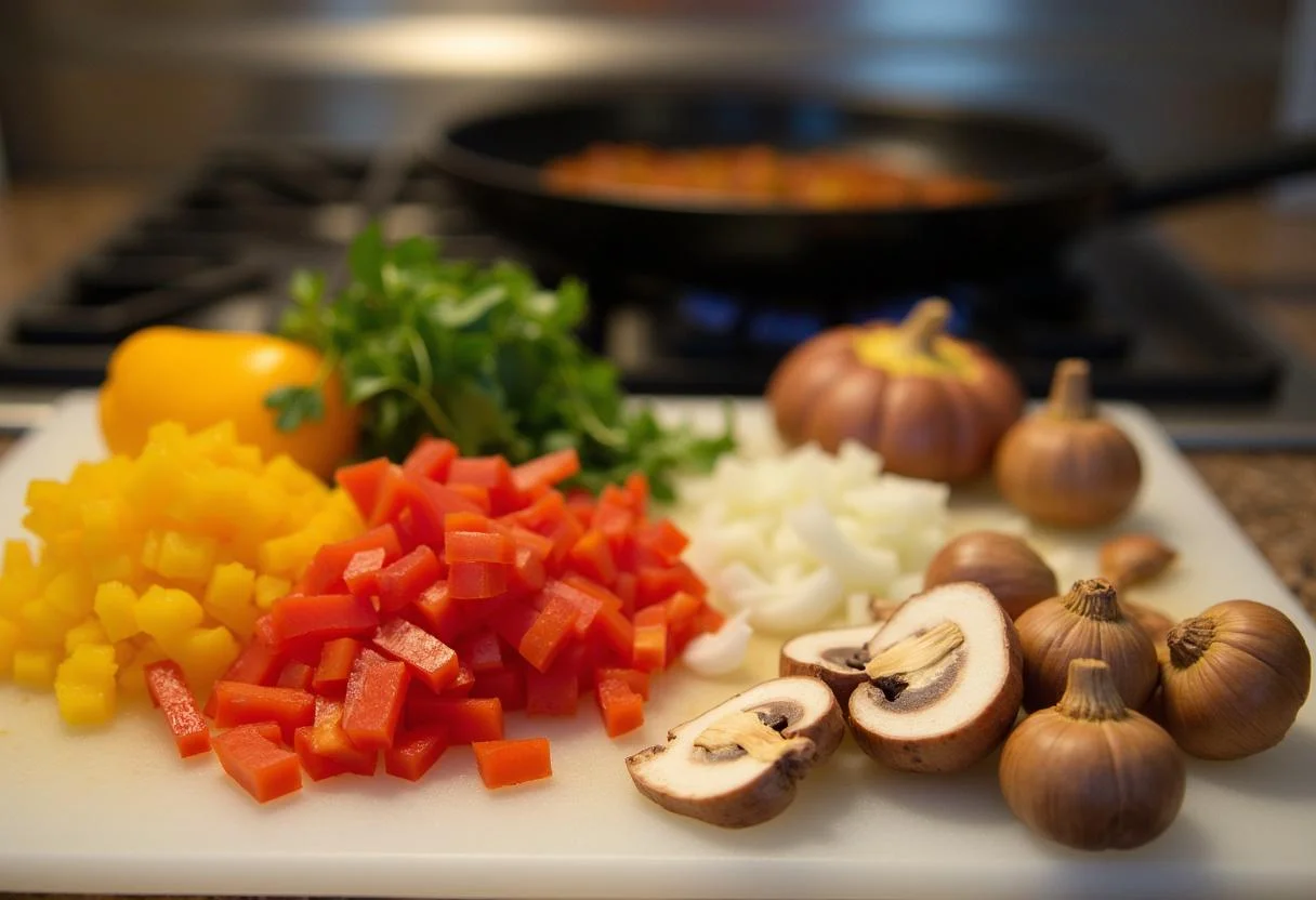 Pollo en una sartén caliente, listo para preparar Arroz con Pollo y Setas.