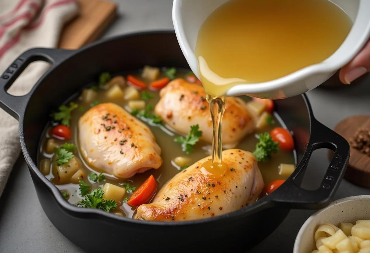 Añadiendo arroz y caldo en la sartén para preparar Arroz con Pollo y Setas.