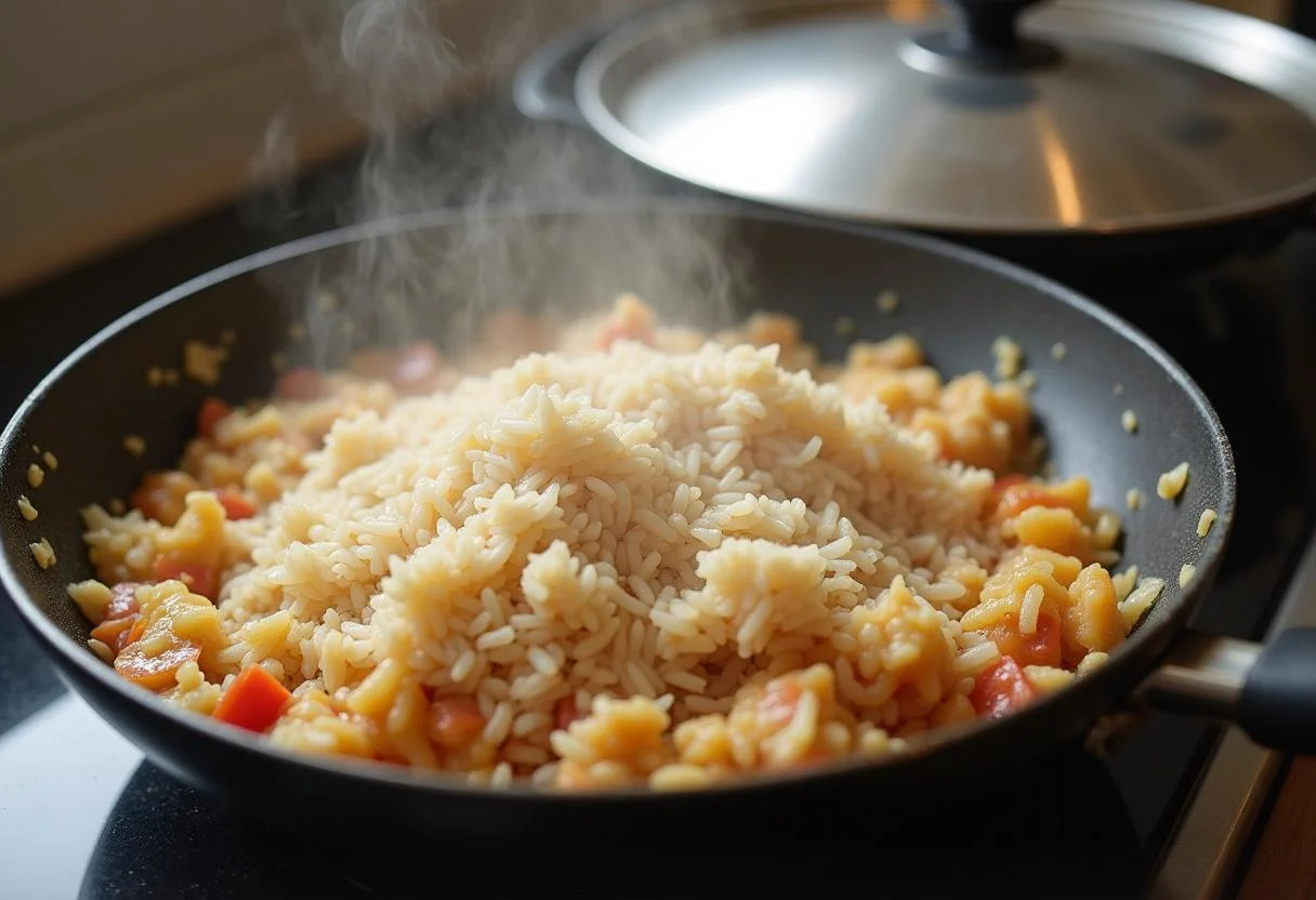 Arroz siendo incorporado a la mezcla de Arroz con Pollo y Setas en la sartén.