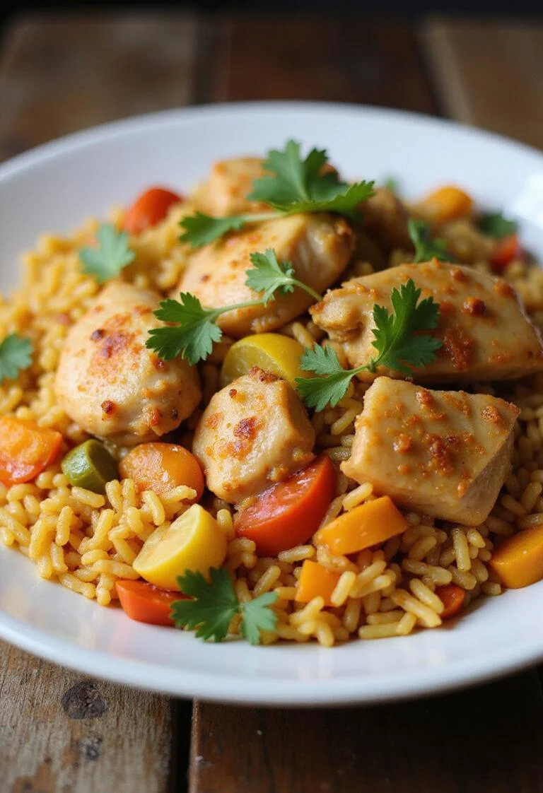 Delicious Arroz con Pollo y Verduras served on a plate, perfect for a hearty meal.