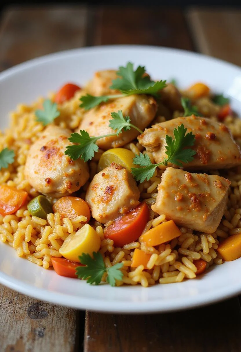 Delicious Arroz con Pollo y Verduras served on a plate, perfect for a hearty meal.