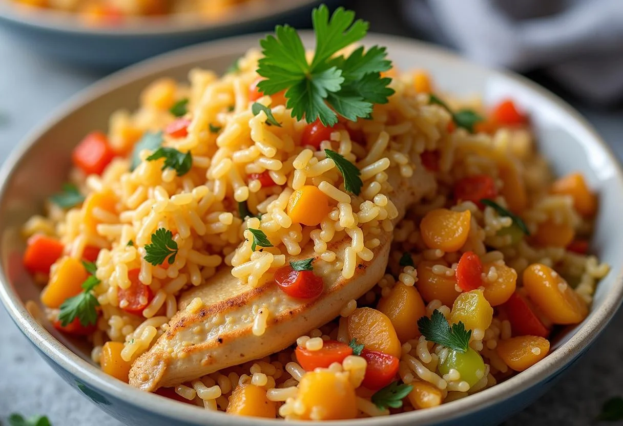 Delicioso Arroz con Pollo y Verduras servido en un plato, perfecto para una comida abundante.