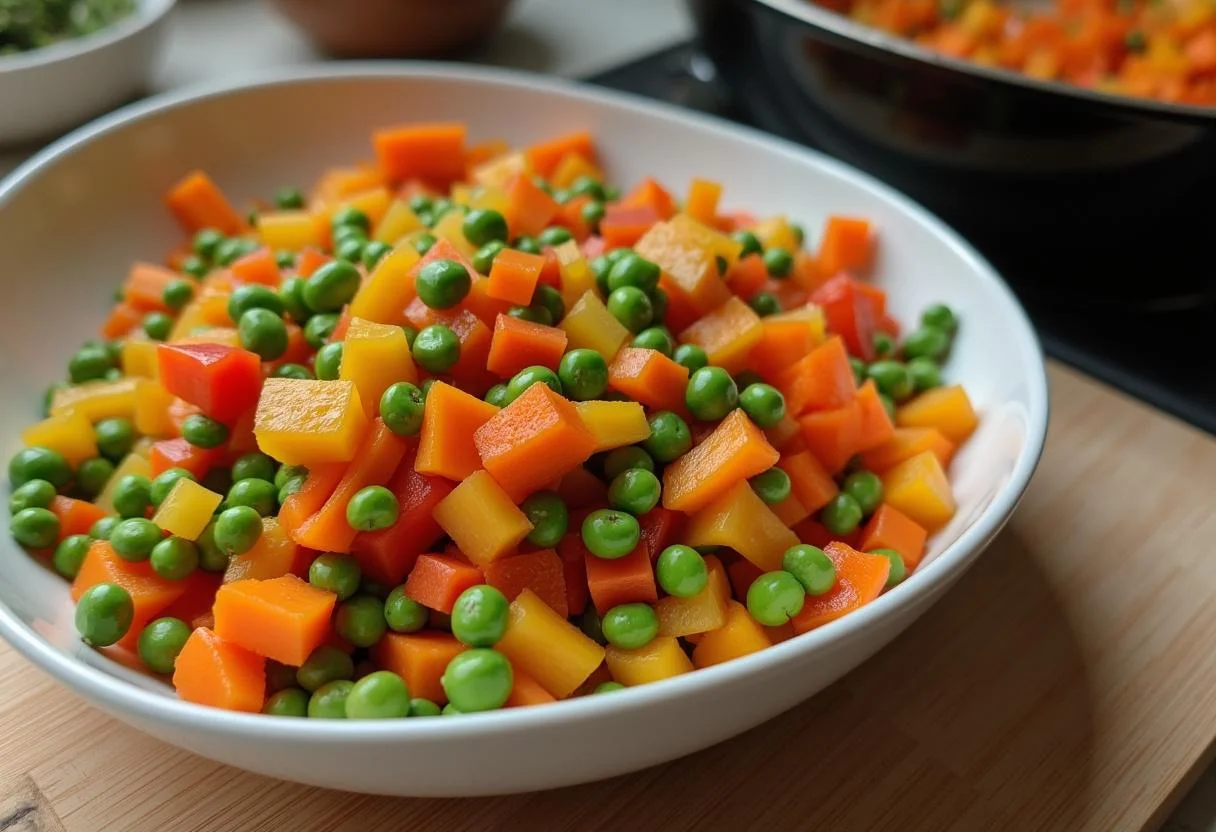 Añadiendo arroz a la olla para la preparación de Arroz con Pollo y Verduras.