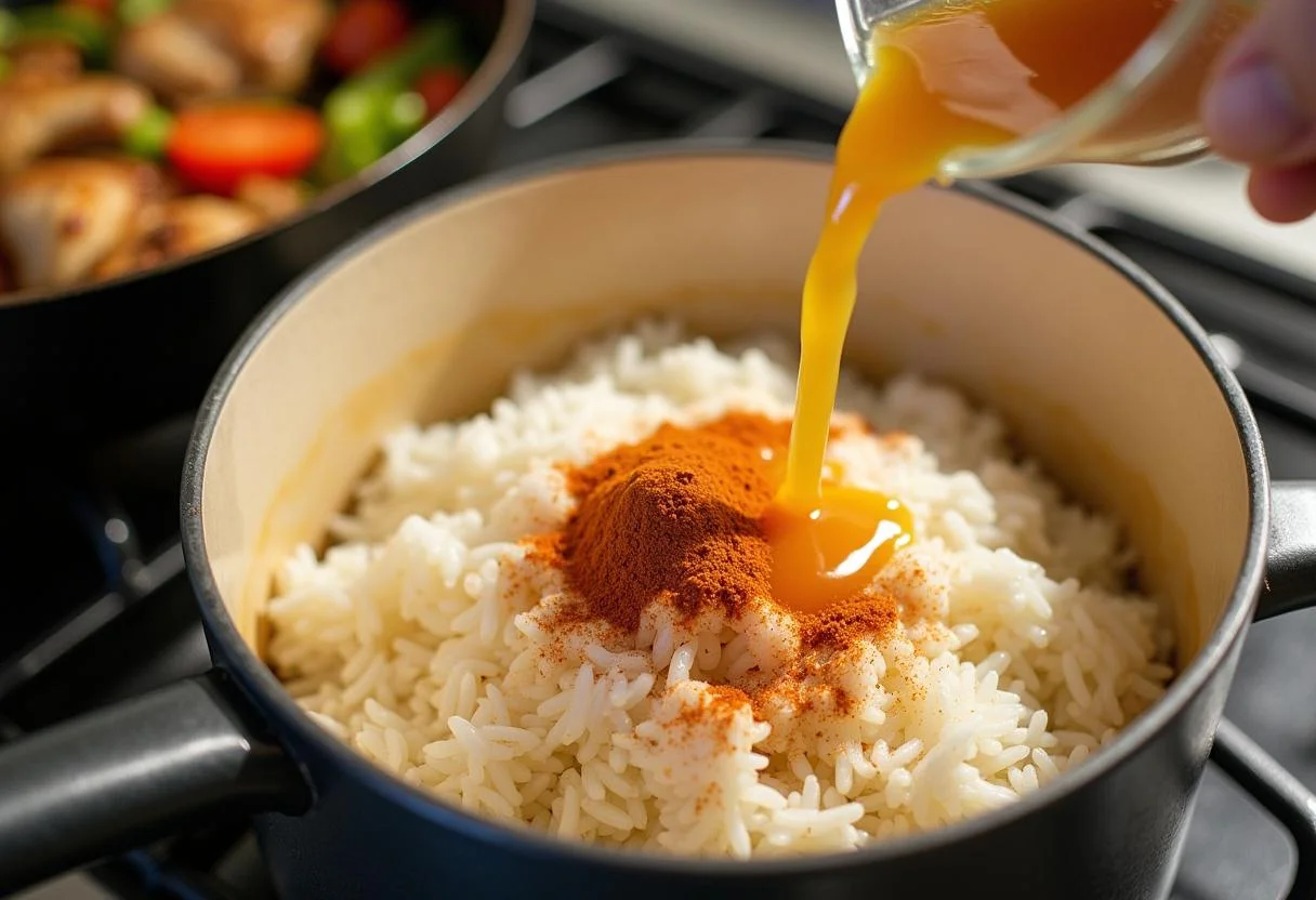 Pouring chicken broth into the skillet for cooking Arroz con Pollo y Verduras.