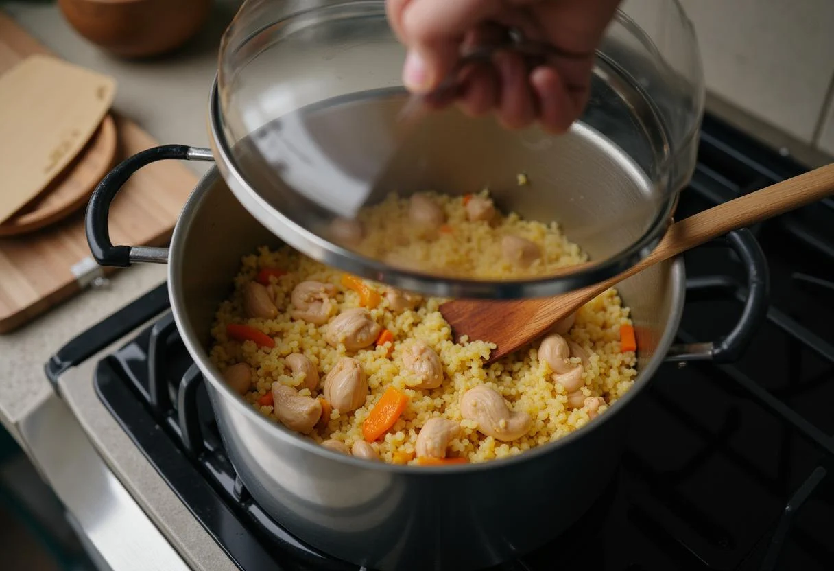 Arroz con Pollo y Verduras terminado en una olla listo para servir en una mesa de comedor.