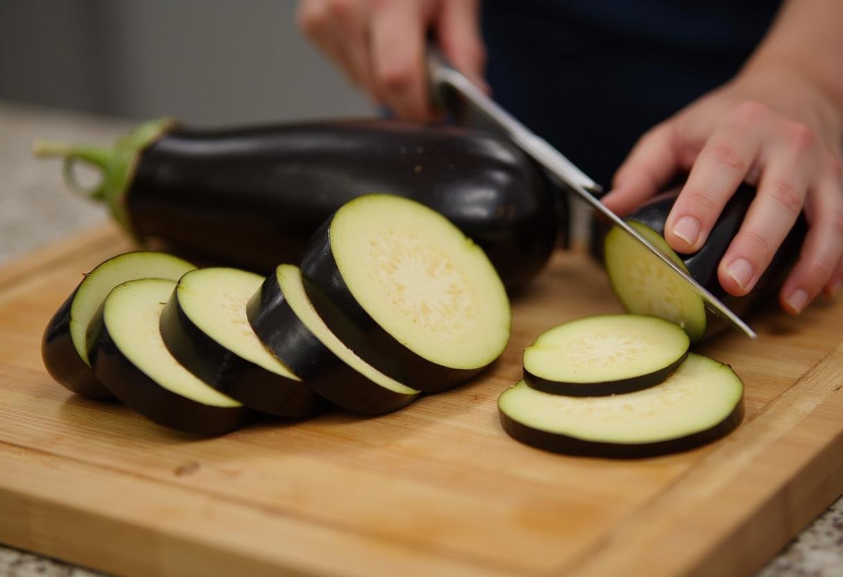 Berenjenas frescas cortadas en rodajas finas para hacer berenjenas fritas con salsa asiática.