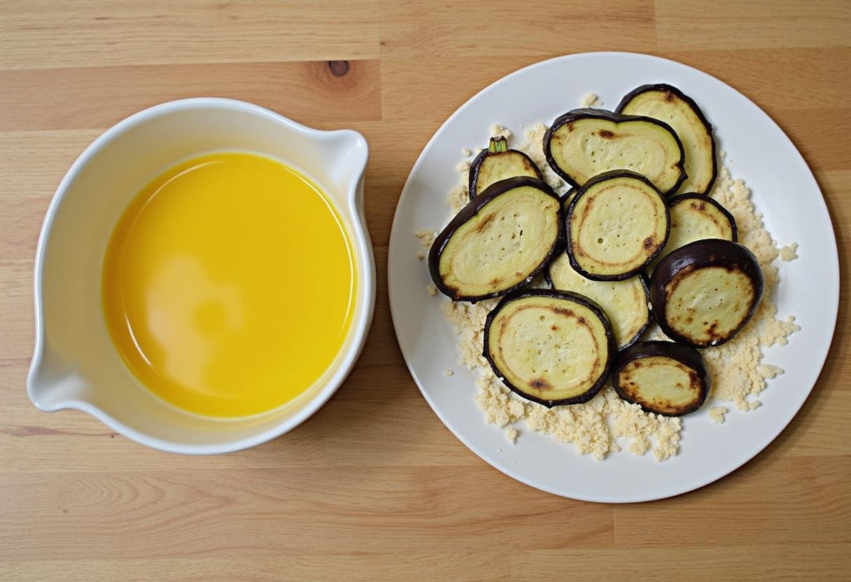Rodajas de berenjena saladas para eliminar el exceso de humedad antes de freír.