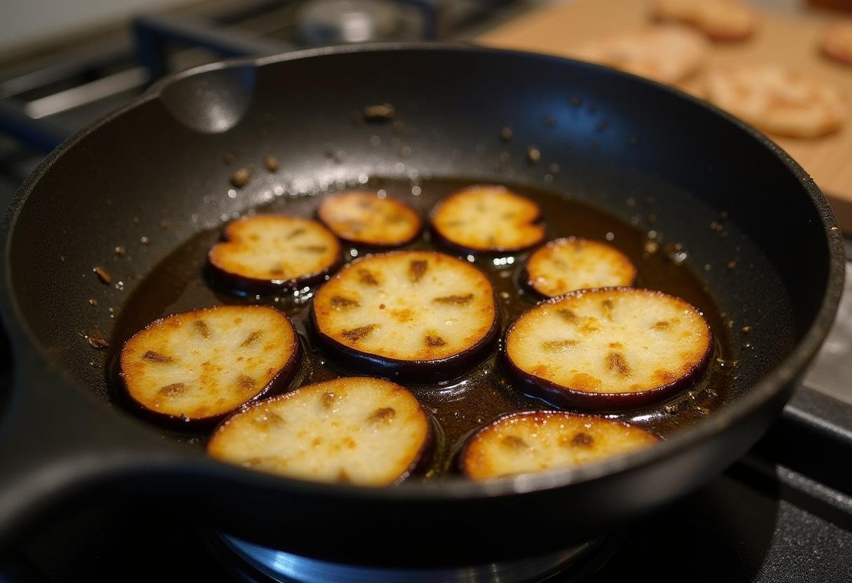 Rodajas de berenjena friendose en aceite caliente hasta quedar doradas y crujientes.