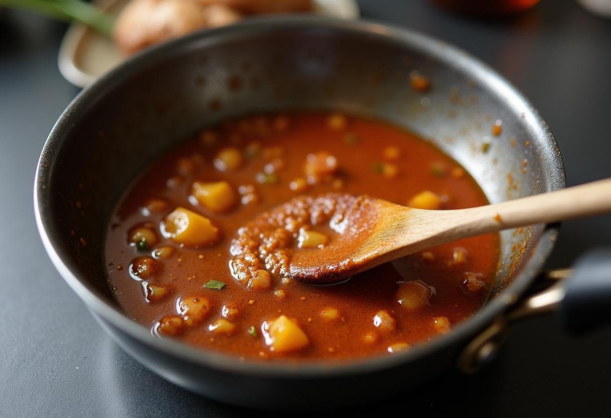 Salsa asiática caliente hecha con salsa de soja, miel, ajo y jengibre para las berenjenas fritas.