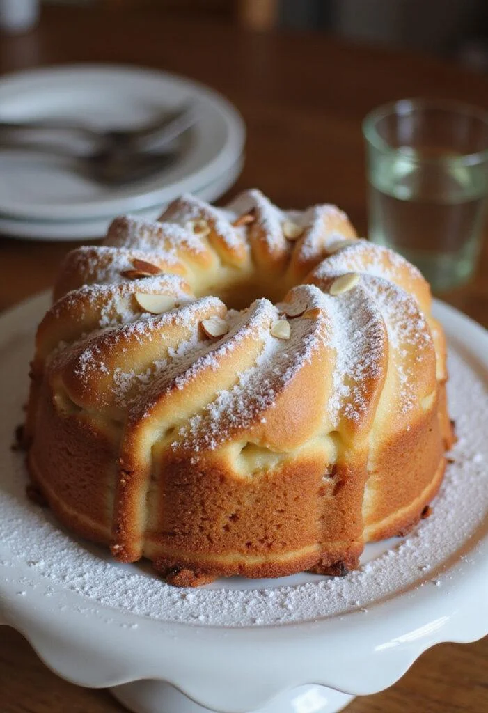 Finished Bizcocho de Almendra Esponjoso topped with powdered sugar and almonds, ideal for dessert.