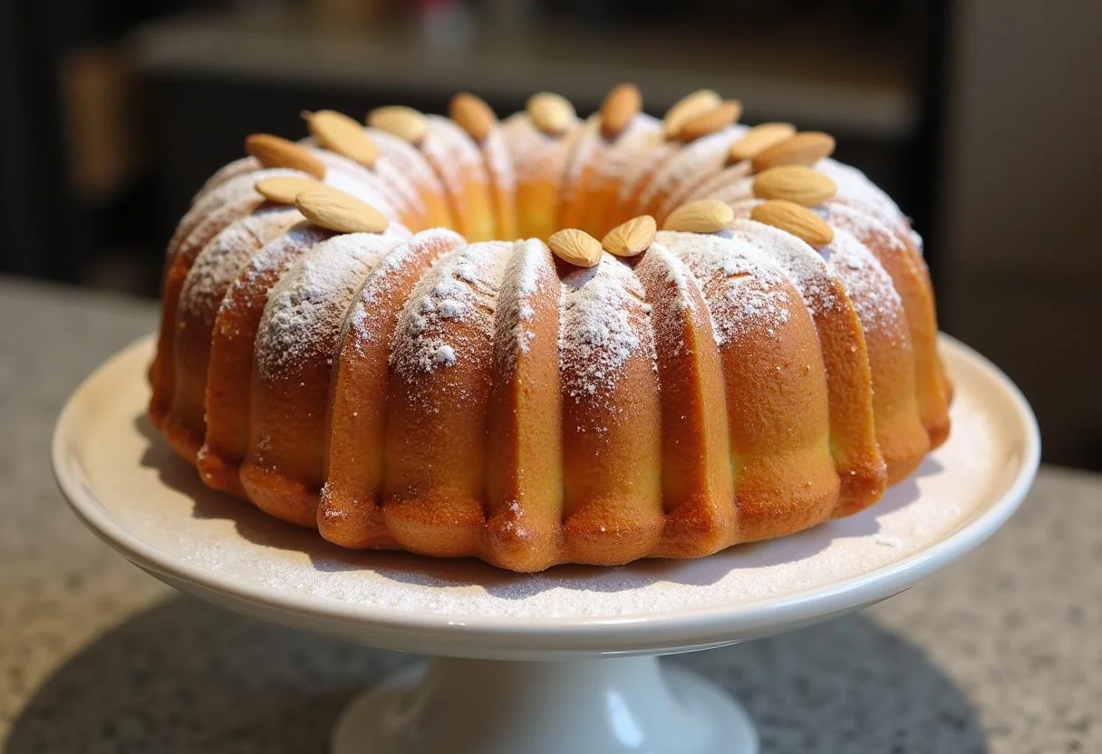 Finished Bizcocho de Almendra Esponjoso topped with powdered sugar and almonds, ideal for dessert.