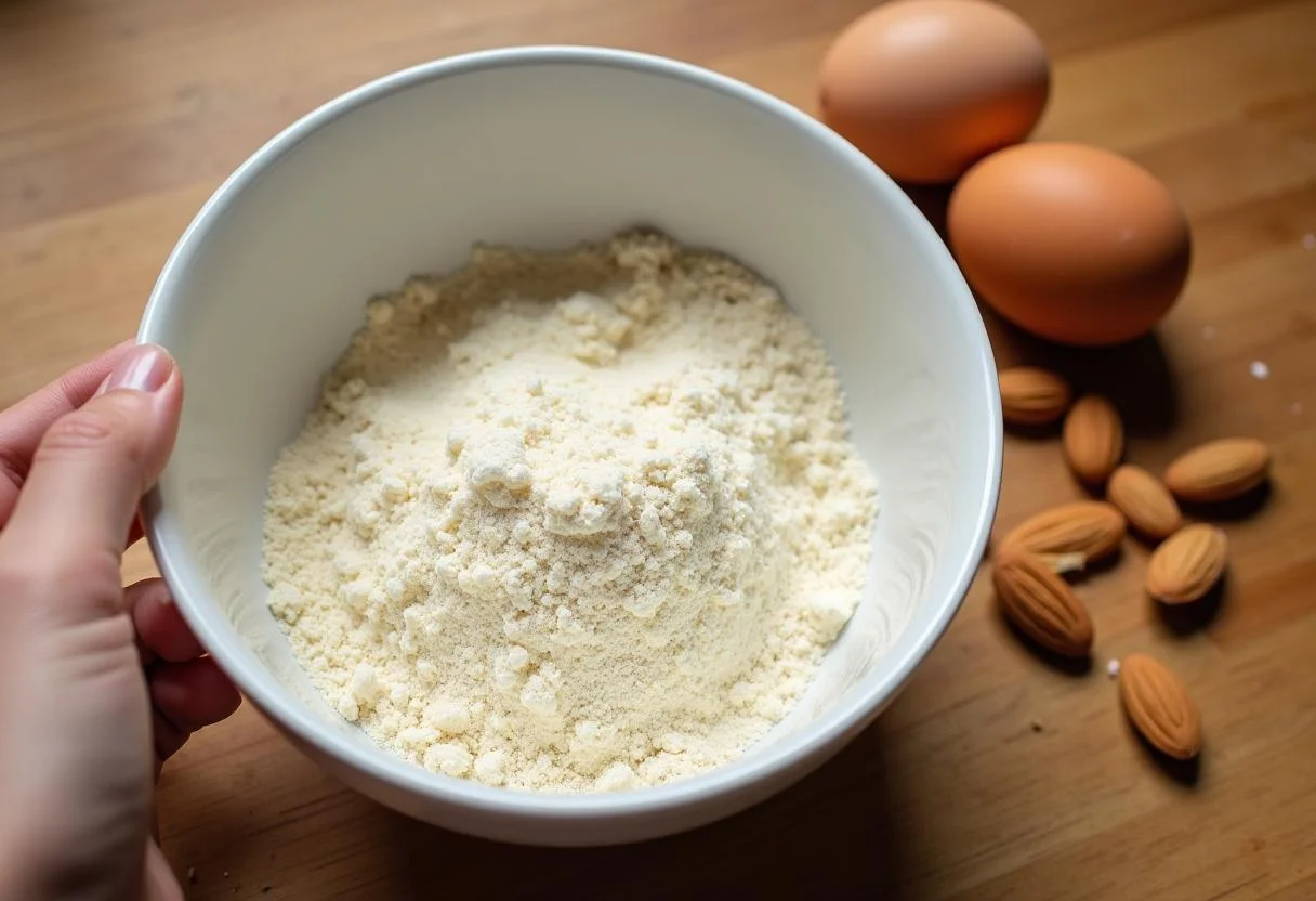 Measuring almond flour and sugar for Bizcocho de Almendra Esponjoso preparation.