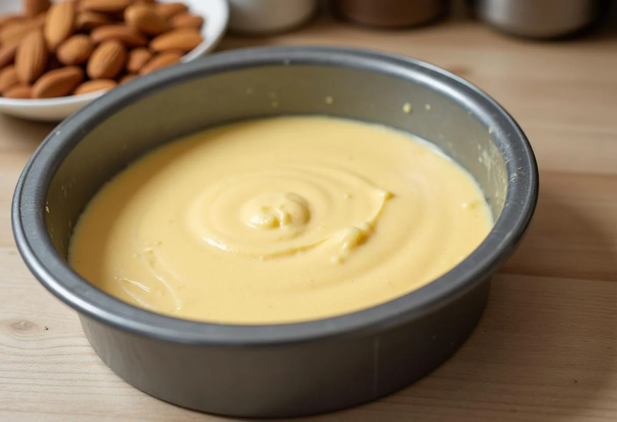 Cake batter in a pan, ready for baking Bizcocho de Almendra Esponjoso.