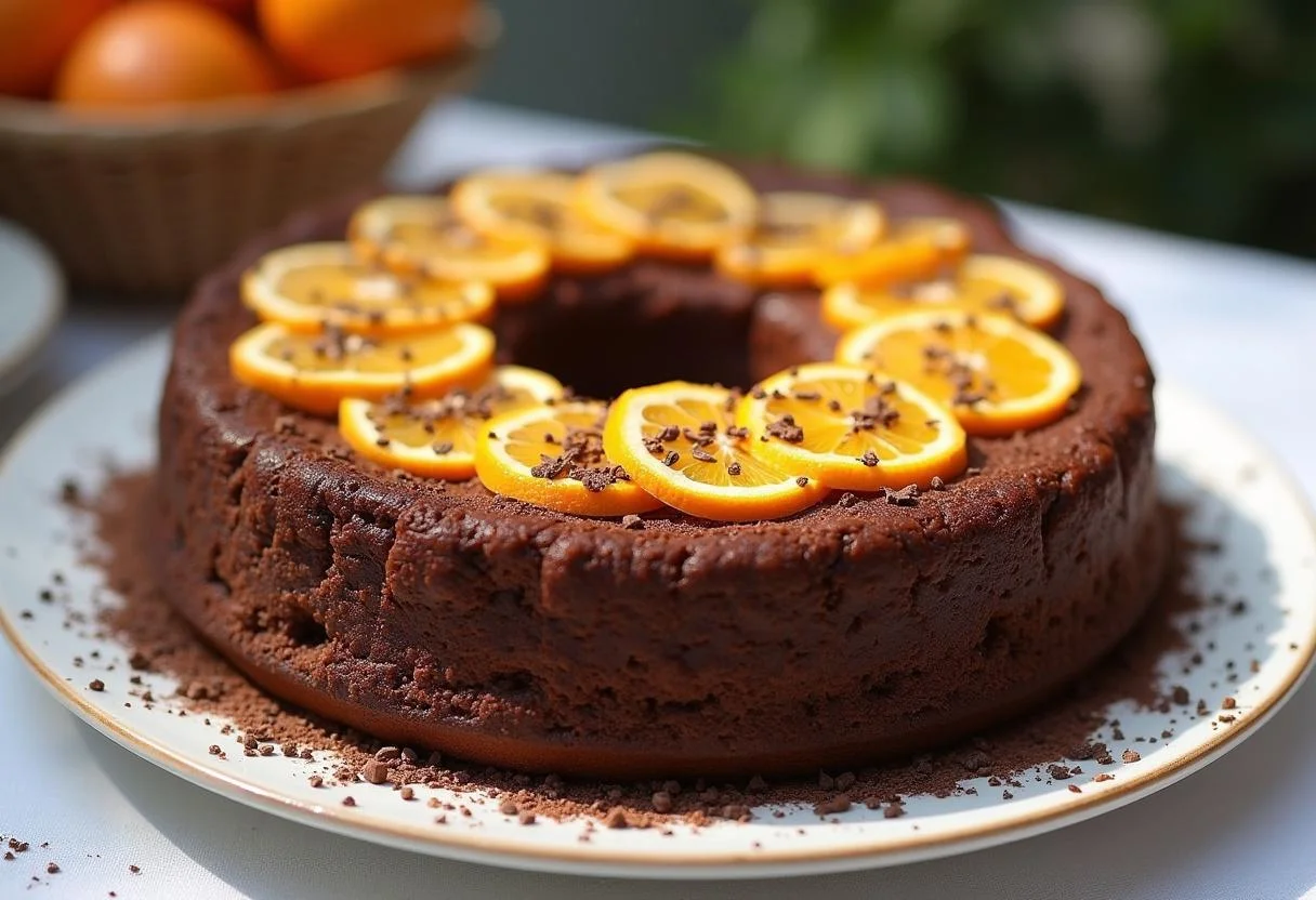 Bizcocho de chocolate y naranja decorado, perfecto para servir en celebraciones.