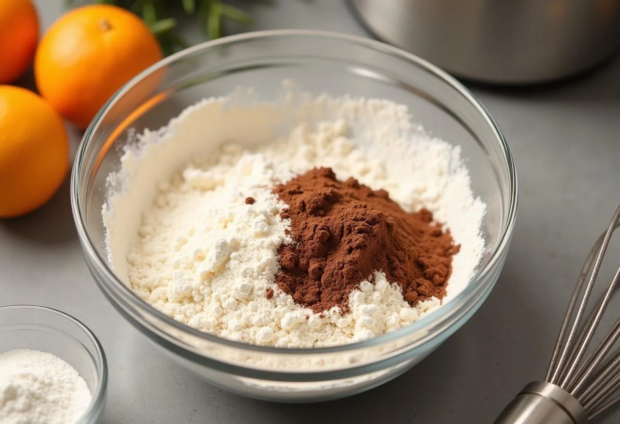 Preparación de ingredientes secos para el bizcocho de chocolate y naranja, con harina y cacao en un bol.