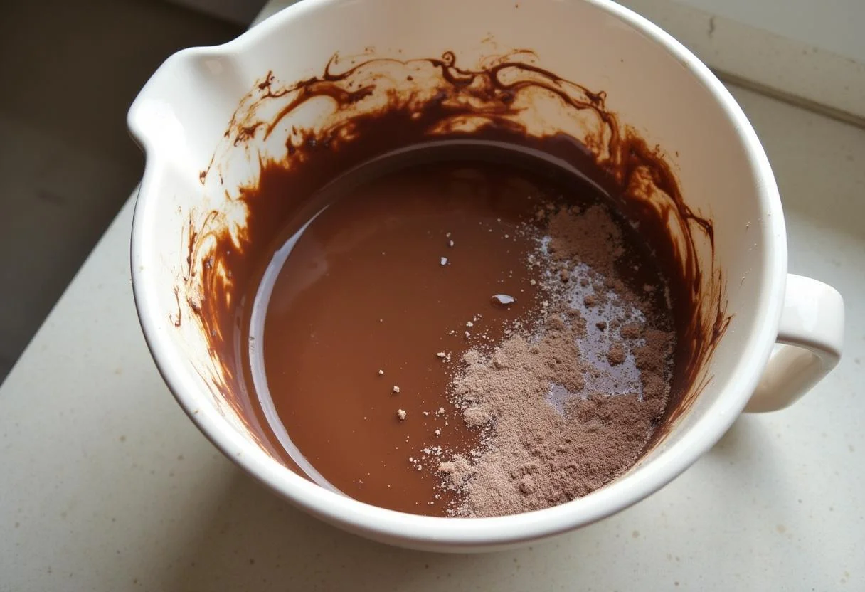 Mezcla de ingredientes líquidos y secos para bizcocho de chocolate y naranja, formando una masa brillante.