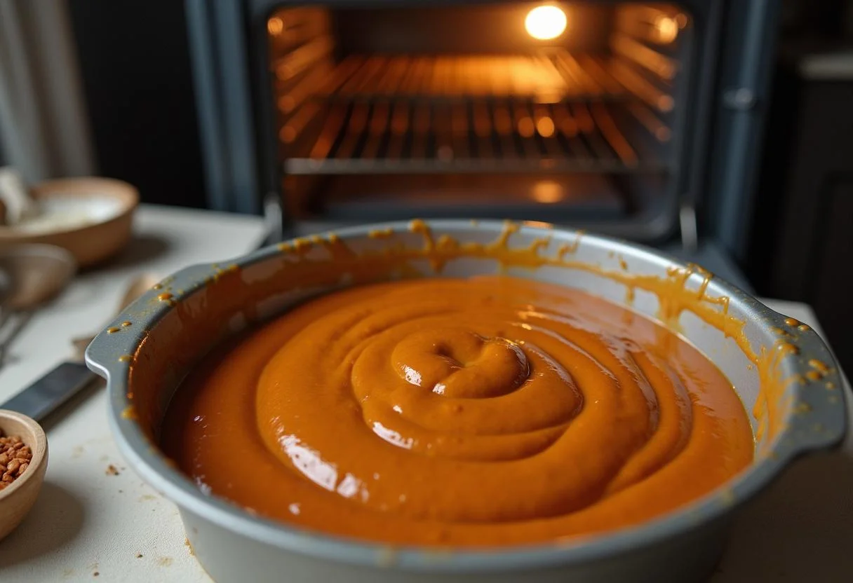 Rellenando un molde con masa de bizcocho de chocolate y naranja, listo para hornear.